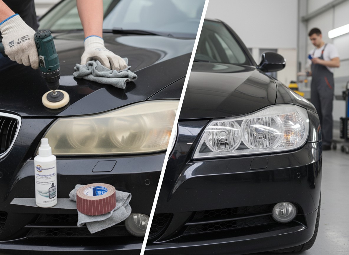 E90系ヘッドライト黄ばみ除去法徹底比較：DIY vs 専門店リペアの費用と効果